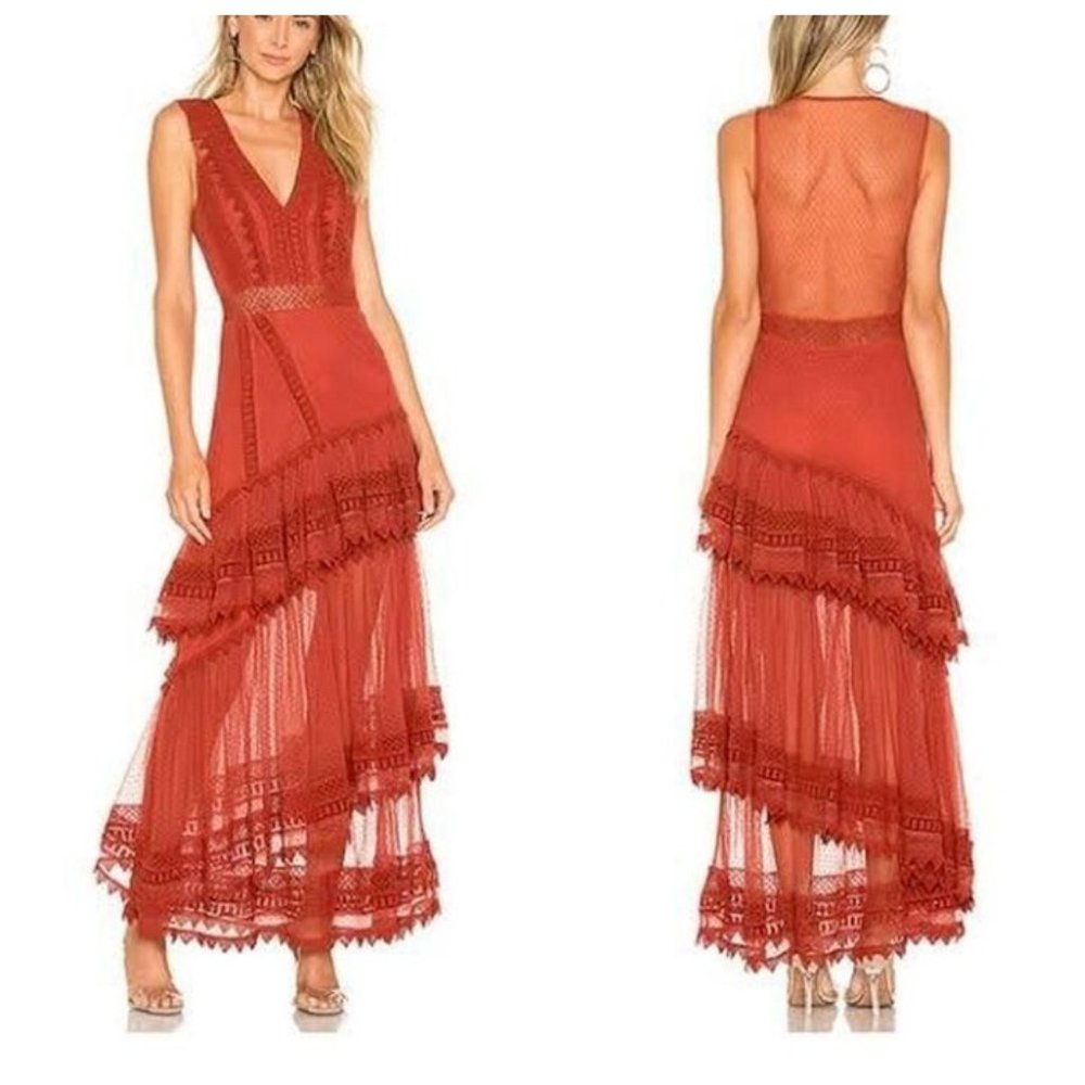 House of Harlow Sheer Tiered Maxi Dress M Medium Burnt Orange Festival